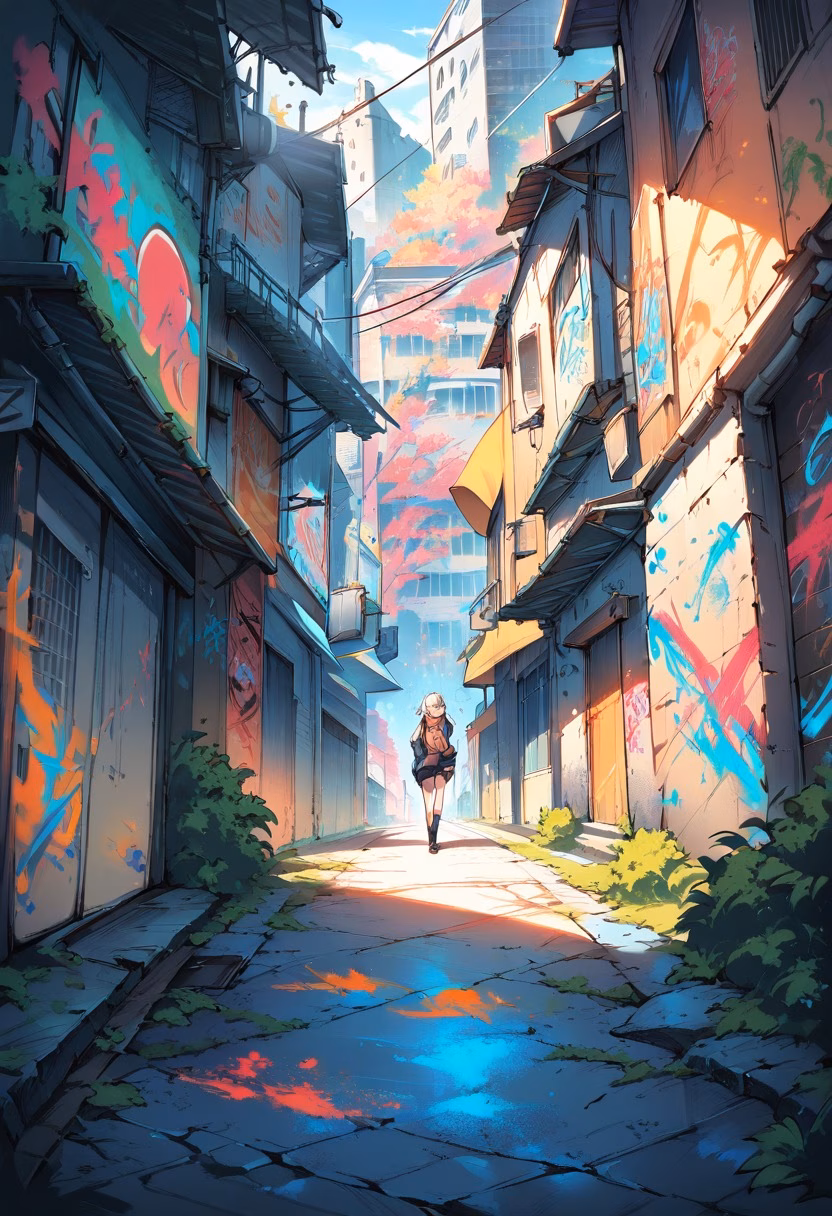 Colorful Graffiti Alley — view 5 — graffiti alley, colorful street art, urban decay, warm afternoon light, detailed spray paint texture, masterpiece, high 