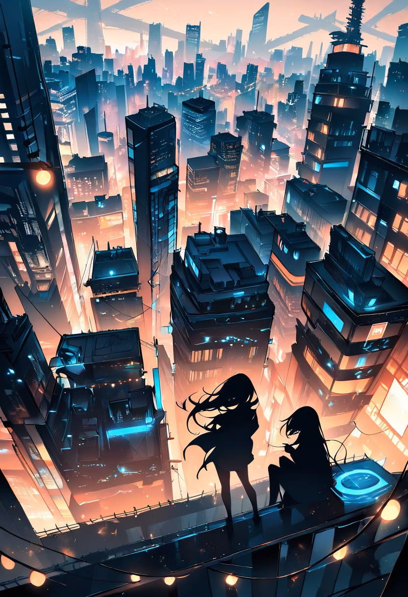 Rooftop City Night — view 1 — night city rooftop party, string lights, skyline backdrop, silhouettes, urban lifestyle, detailed lights, masterpiece, h