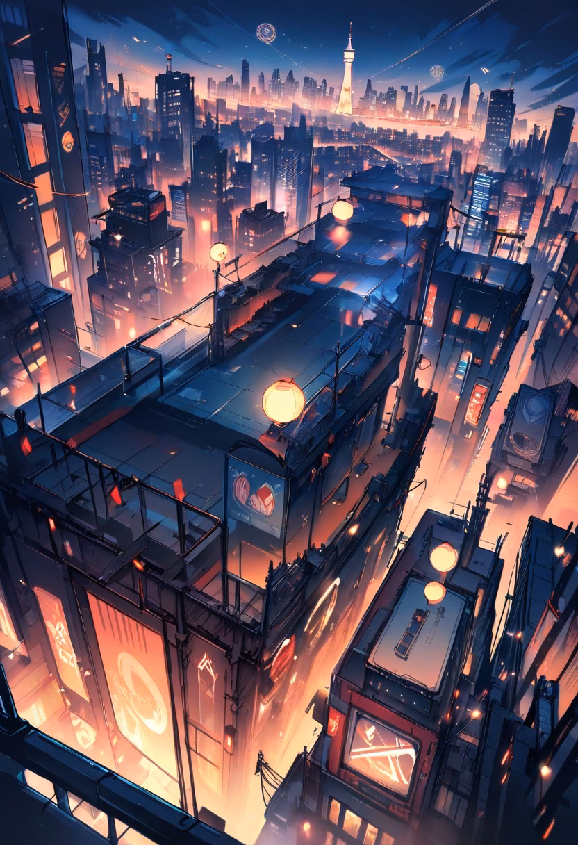 Rooftop City Night — view 2 — night city rooftop party, string lights, skyline backdrop, silhouettes, urban lifestyle, detailed lights, masterpiece, h