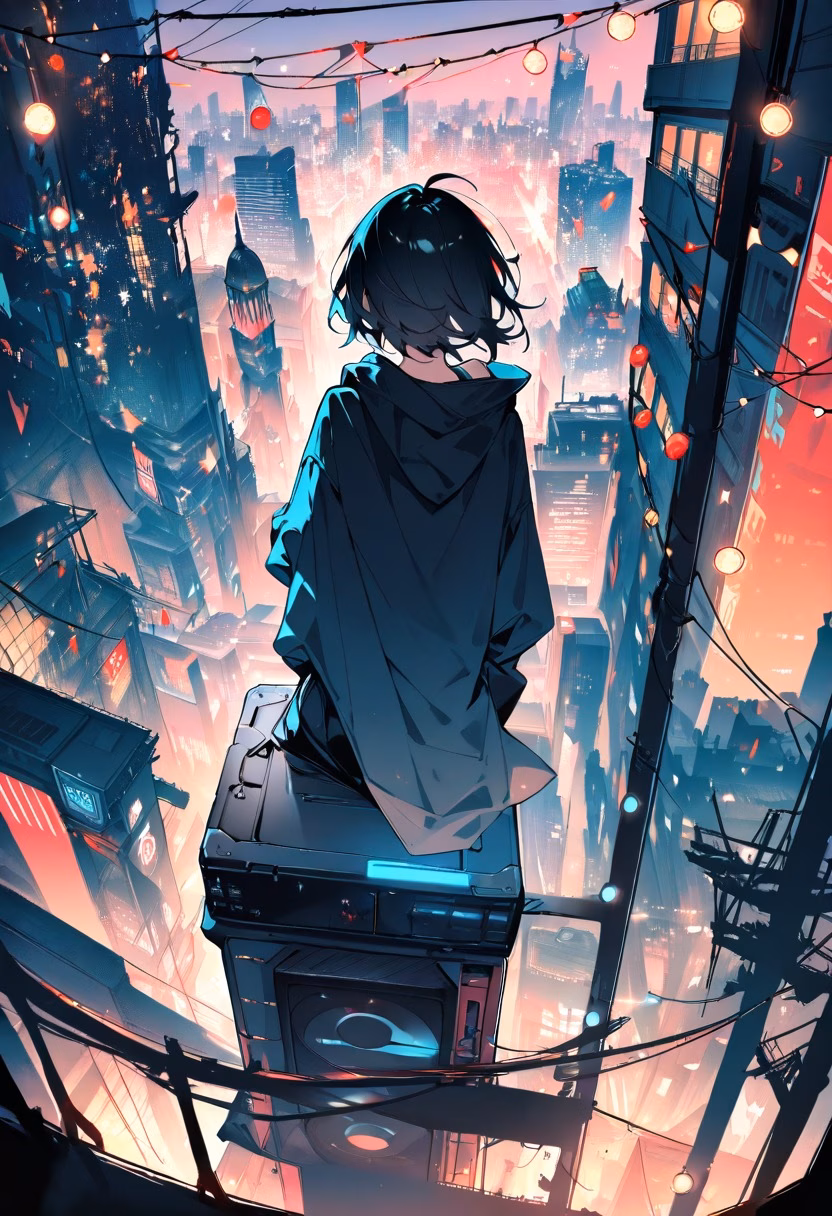 Rooftop City Night — view 3 — night city rooftop party, string lights, skyline backdrop, silhouettes, urban lifestyle, detailed lights, masterpiece, h