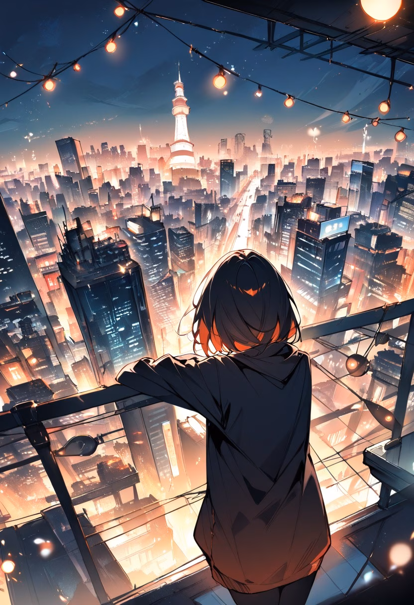 Rooftop City Night — view 4 — night city rooftop party, string lights, skyline backdrop, silhouettes, urban lifestyle, detailed lights, masterpiece, h