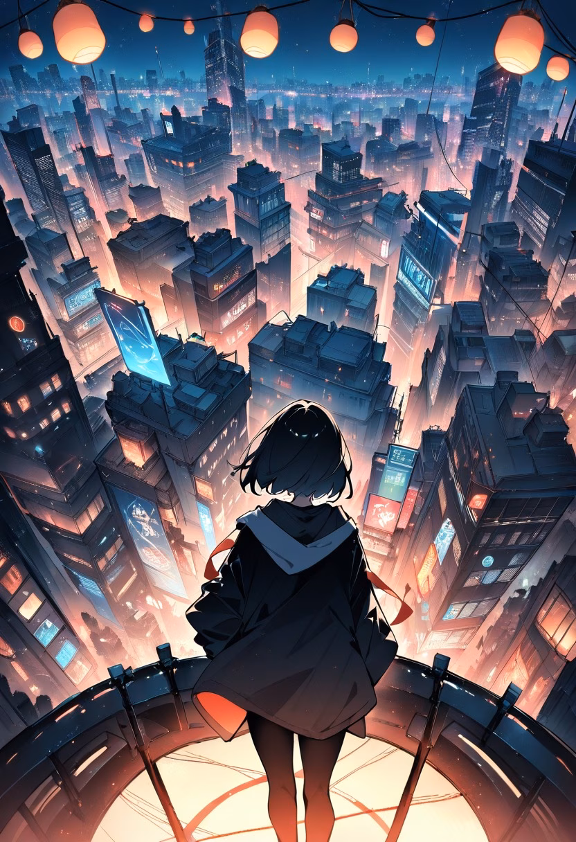 Rooftop City Night — view 5 — night city rooftop party, string lights, skyline backdrop, silhouettes, urban lifestyle, detailed lights, masterpiece, h