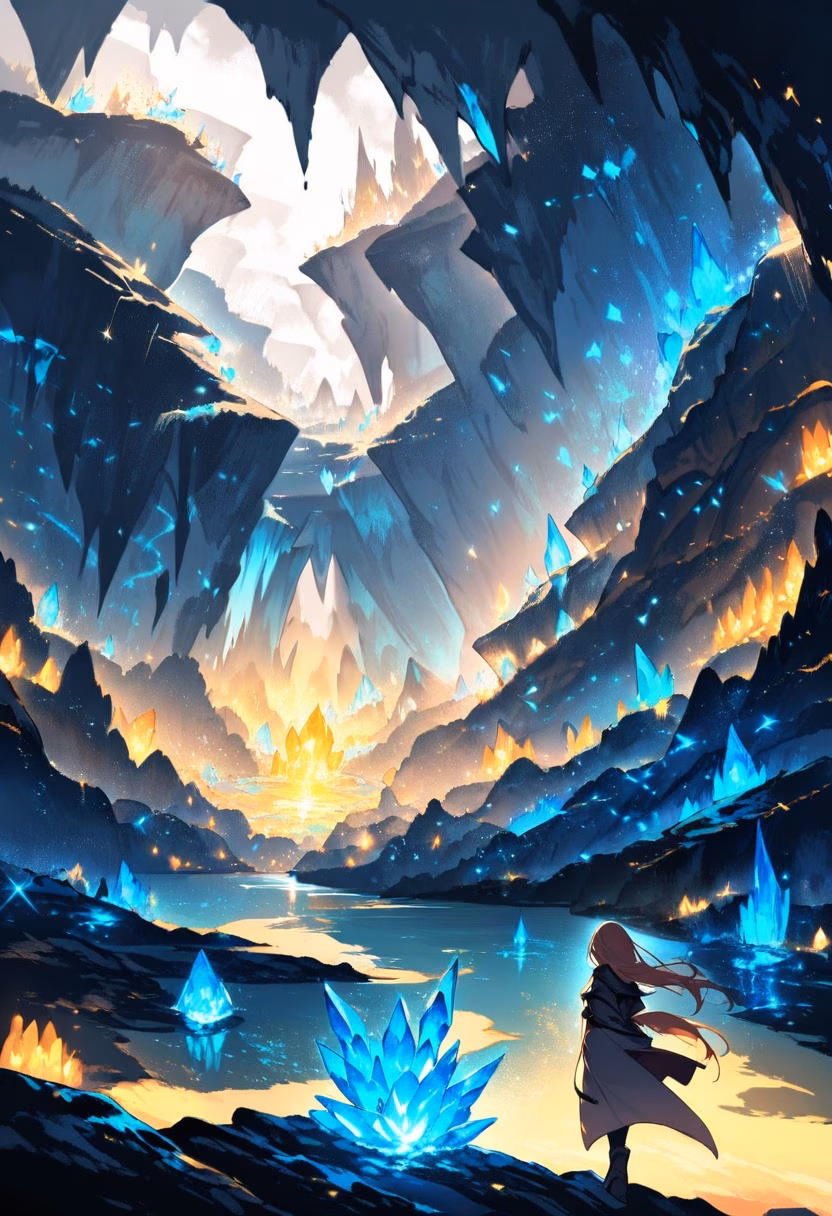 Glowing Crystal Cave — view 1 — crystal cave, glowing gemstones, underground lake, magical light, fantasy landscape, detailed crystal facets, masterpiec