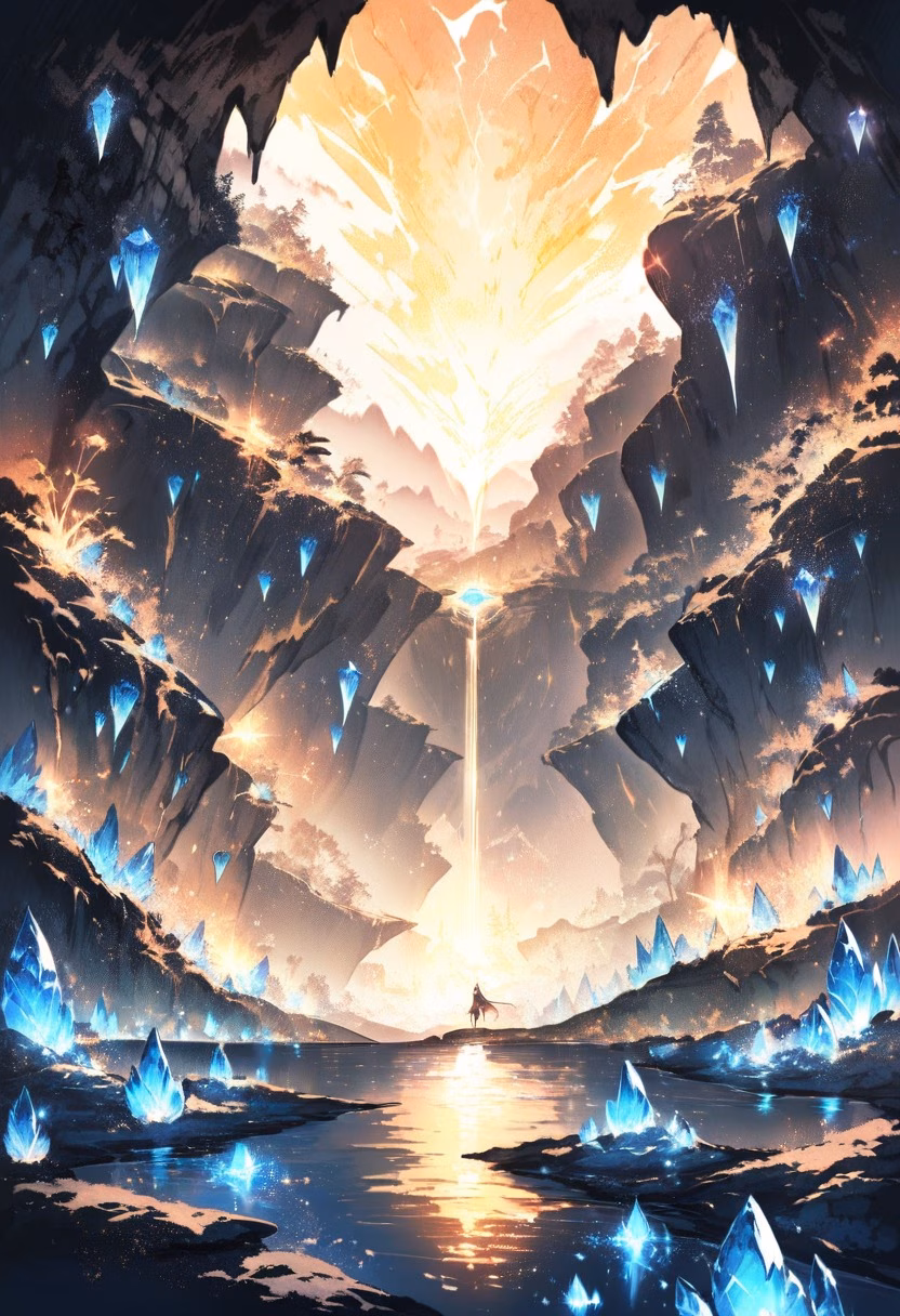 Glowing Crystal Cave — view 2 — crystal cave, glowing gemstones, underground lake, magical light, fantasy landscape, detailed crystal facets, masterpiec