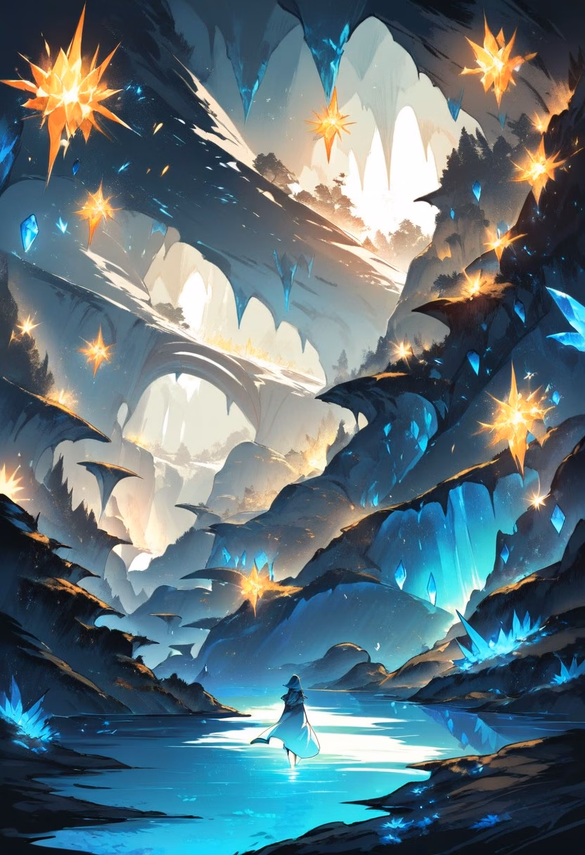 Glowing Crystal Cave — view 3 — crystal cave, glowing gemstones, underground lake, magical light, fantasy landscape, detailed crystal facets, masterpiec