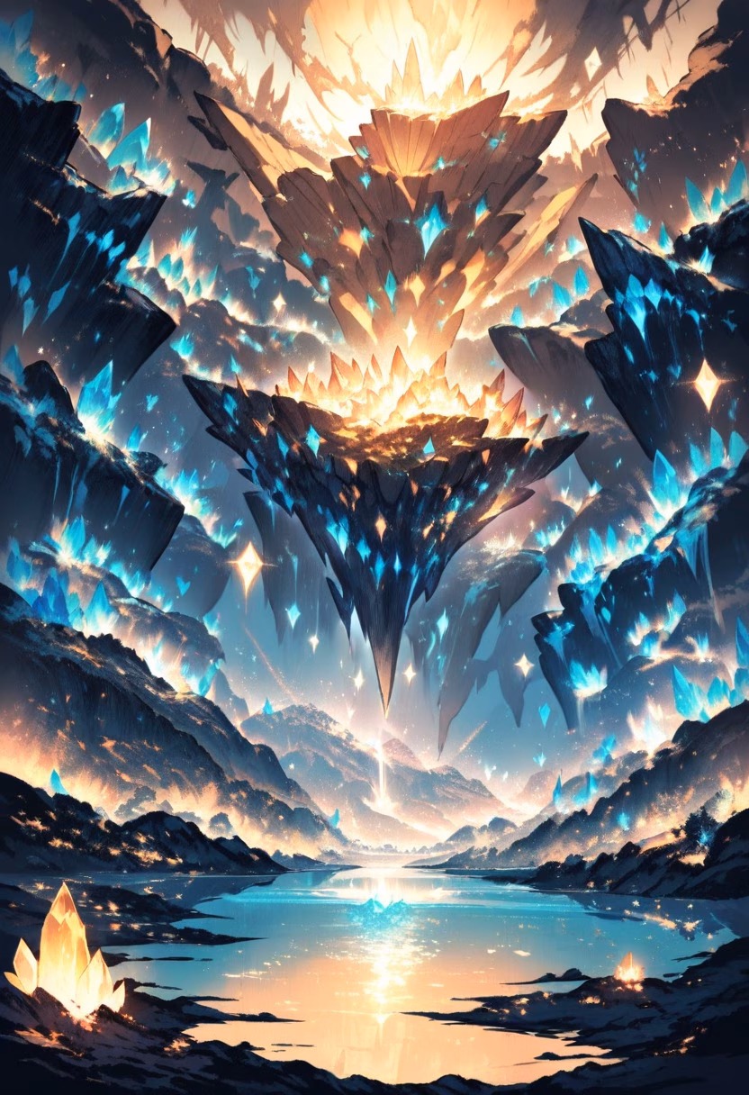Glowing Crystal Cave — view 4 — crystal cave, glowing gemstones, underground lake, magical light, fantasy landscape, detailed crystal facets, masterpiec