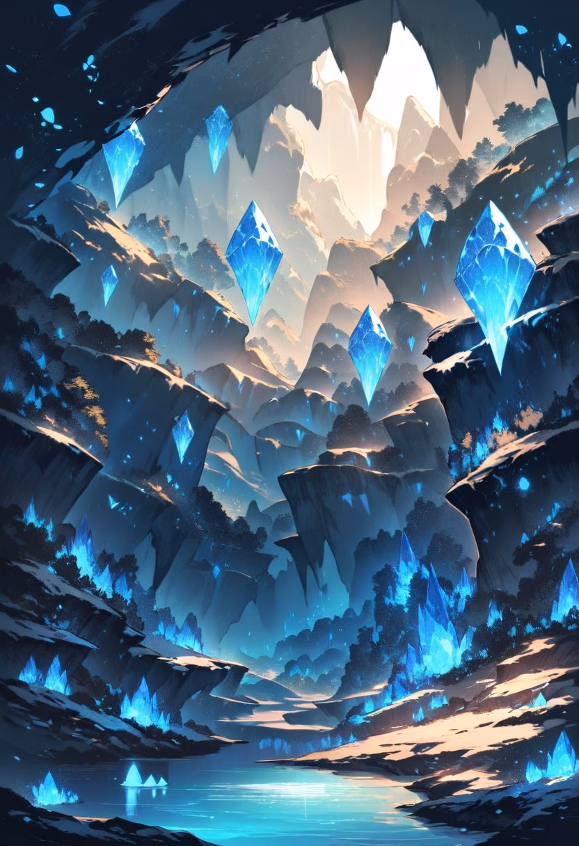 Glowing Crystal Cave — view 5 — crystal cave, glowing gemstones, underground lake, magical light, fantasy landscape, detailed crystal facets, masterpiec