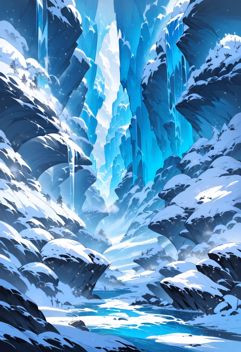 Frozen Winter Waterfall — view 1 — frozen waterfall, icicles, winter canyon, blue ice texture, snow banks, cold atmosphere, nature, detailed ice formations