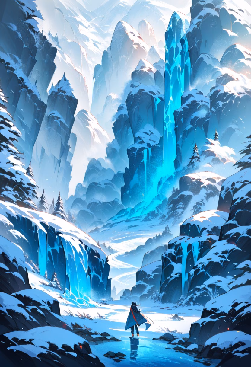 Frozen Winter Waterfall — view 2 — frozen waterfall, icicles, winter canyon, blue ice texture, snow banks, cold atmosphere, nature, detailed ice formations