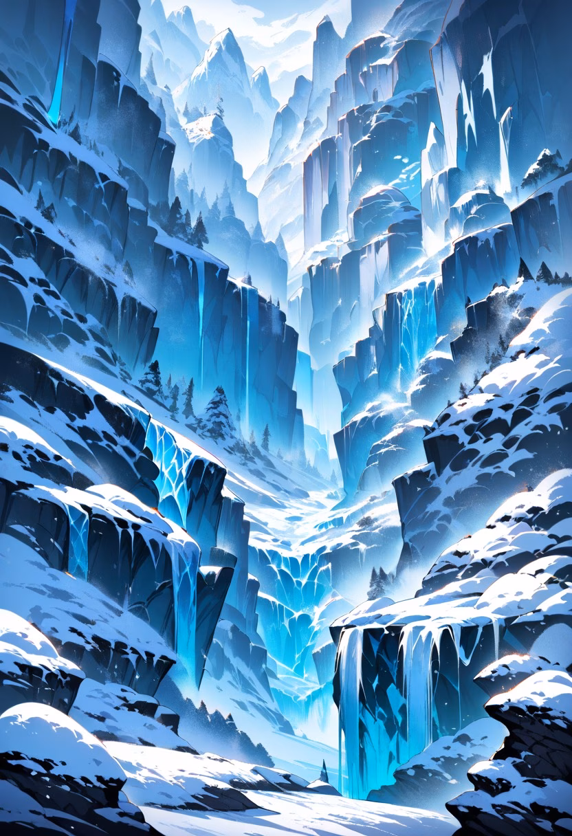 Frozen Winter Waterfall — view 3 — frozen waterfall, icicles, winter canyon, blue ice texture, snow banks, cold atmosphere, nature, detailed ice formations
