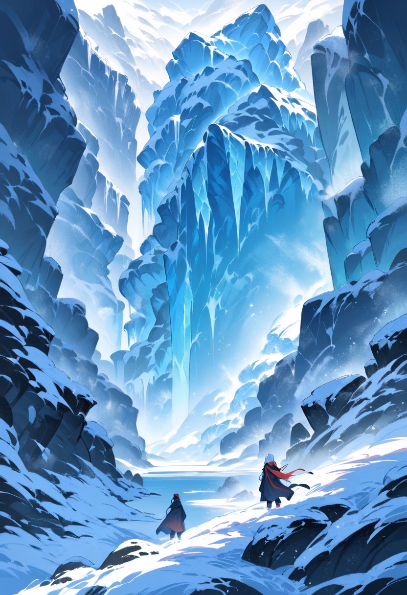 Frozen Winter Waterfall — view 4 — frozen waterfall, icicles, winter canyon, blue ice texture, snow banks, cold atmosphere, nature, detailed ice formations