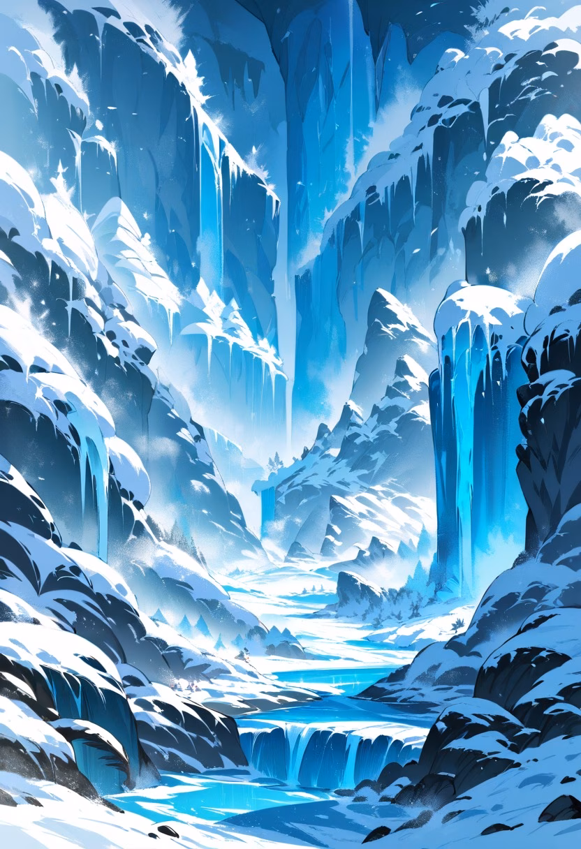 Frozen Winter Waterfall — view 5 — frozen waterfall, icicles, winter canyon, blue ice texture, snow banks, cold atmosphere, nature, detailed ice formations