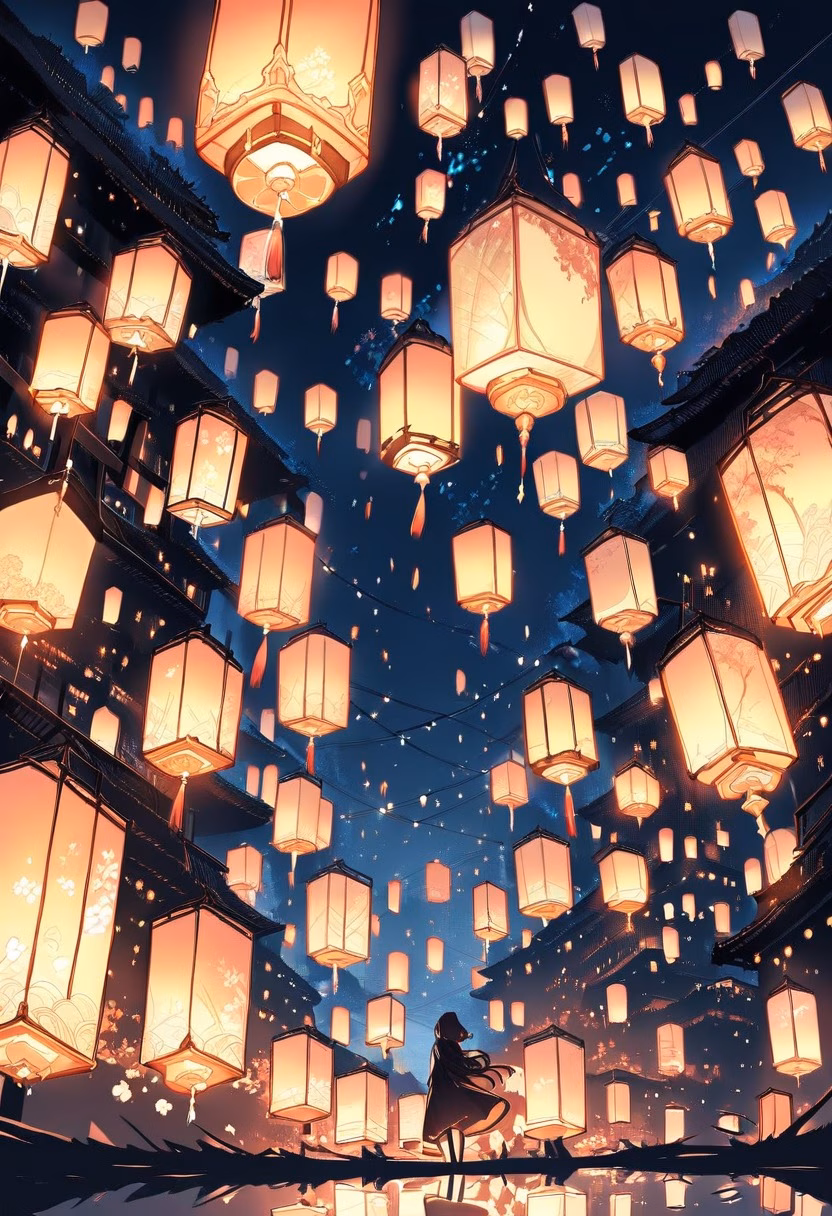 Floating Lantern Festival — view 1 — floating lanterns festival, night river, hundreds of lights, reflections, magical atmosphere, detailed lantern glow, mas