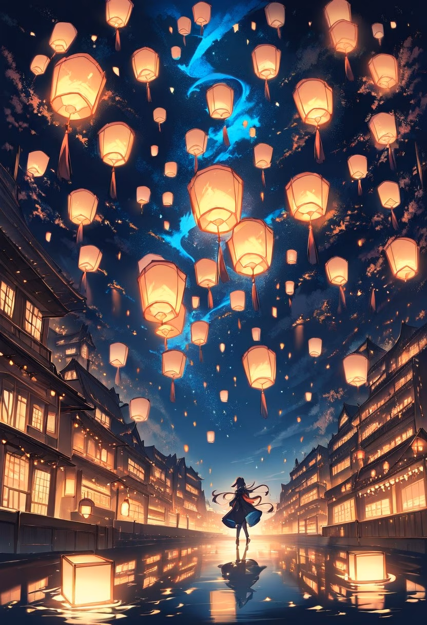 Floating Lantern Festival — view 2 — floating lanterns festival, night river, hundreds of lights, reflections, magical atmosphere, detailed lantern glow, mas