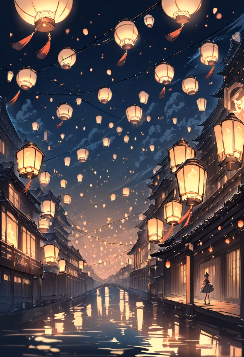 Floating Lantern Festival — view 3 — floating lanterns festival, night river, hundreds of lights, reflections, magical atmosphere, detailed lantern glow, mas
