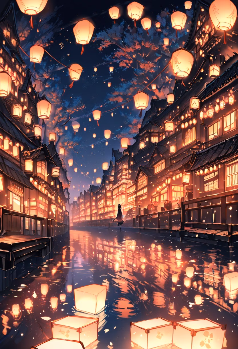 Floating Lantern Festival — view 4 — floating lanterns festival, night river, hundreds of lights, reflections, magical atmosphere, detailed lantern glow, mas