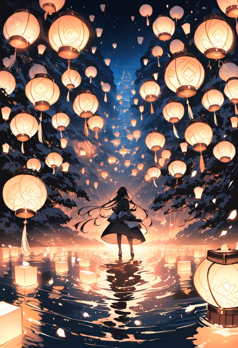 Floating Lantern Festival — view 5 — floating lanterns festival, night river, hundreds of lights, reflections, magical atmosphere, detailed lantern glow, mas