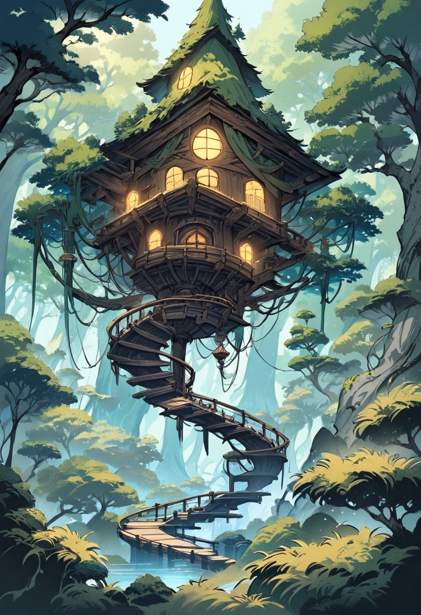 Enchanted Forest Treehouse — view 1 — enchanted treehouse, glowing windows, spiral staircase, forest canopy, fantasy, cozy, detailed wood carvings, masterpiec