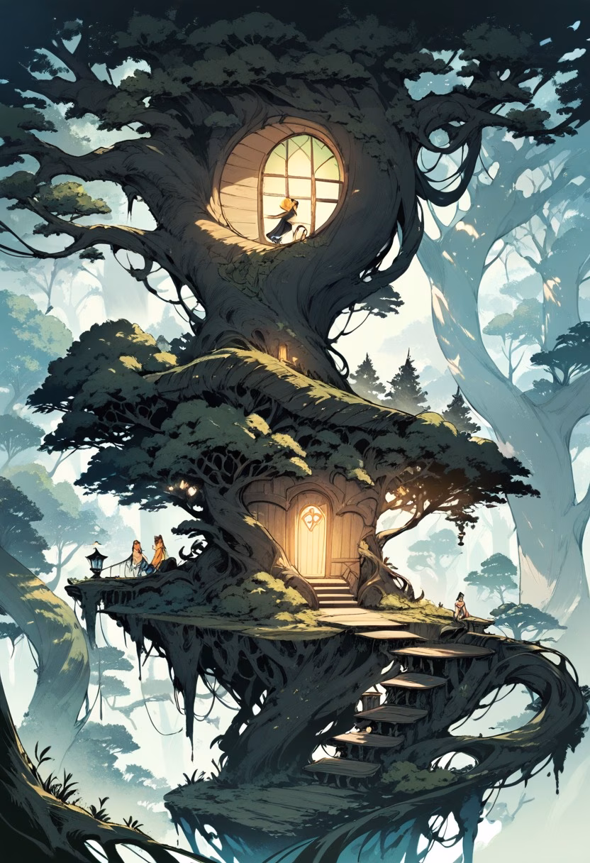 Enchanted Forest Treehouse — view 2 — enchanted treehouse, glowing windows, spiral staircase, forest canopy, fantasy, cozy, detailed wood carvings, masterpiec
