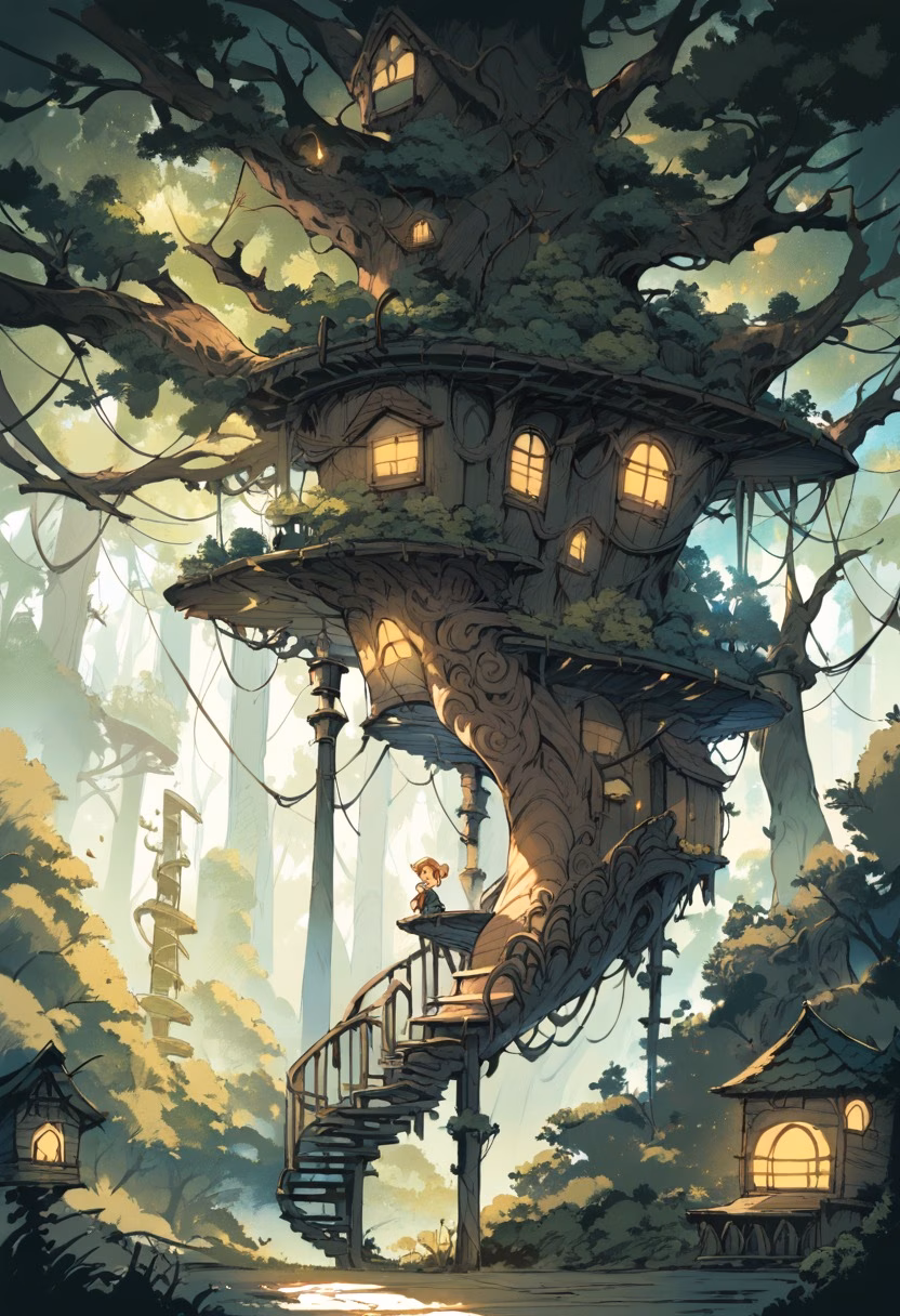 Enchanted Forest Treehouse — view 3 — enchanted treehouse, glowing windows, spiral staircase, forest canopy, fantasy, cozy, detailed wood carvings, masterpiec