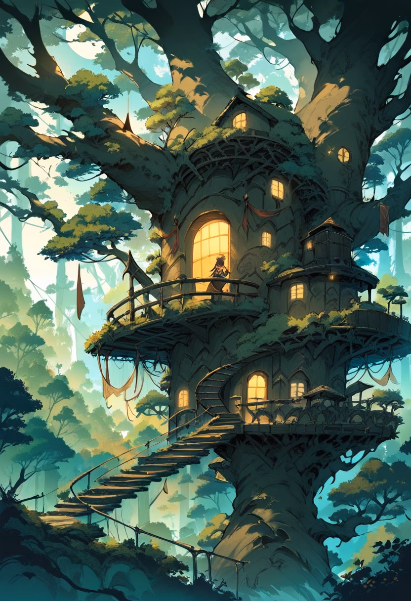 Enchanted Forest Treehouse — view 4 — enchanted treehouse, glowing windows, spiral staircase, forest canopy, fantasy, cozy, detailed wood carvings, masterpiec