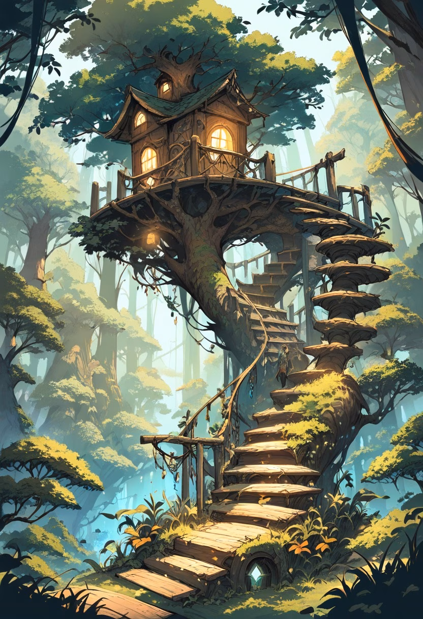 Enchanted Forest Treehouse — view 5 — enchanted treehouse, glowing windows, spiral staircase, forest canopy, fantasy, cozy, detailed wood carvings, masterpiec
