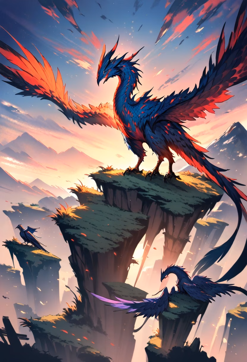 Dragon on Cliffside — view 1 — dragon perched on cliff, wings spread, sunset sky, mountain range, fantasy creature, detailed scales, masterpiece, high 
