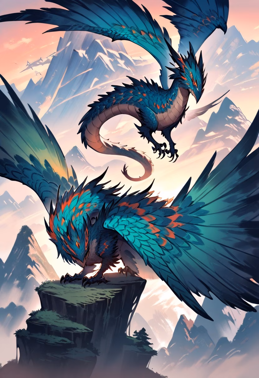 Dragon on Cliffside — view 2 — dragon perched on cliff, wings spread, sunset sky, mountain range, fantasy creature, detailed scales, masterpiece, high 