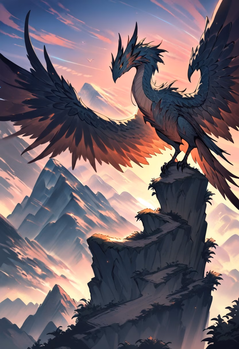 Dragon on Cliffside — view 3 — dragon perched on cliff, wings spread, sunset sky, mountain range, fantasy creature, detailed scales, masterpiece, high 
