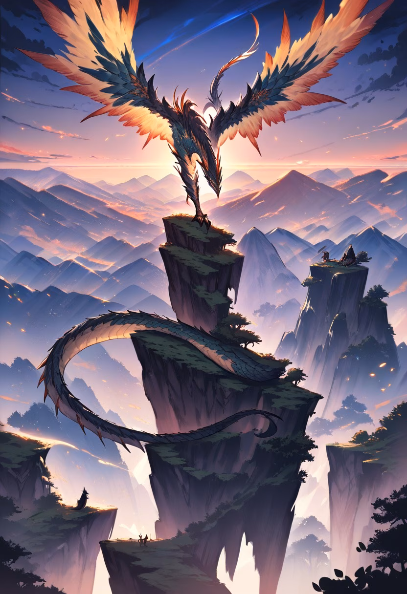 Dragon on Cliffside — view 4 — dragon perched on cliff, wings spread, sunset sky, mountain range, fantasy creature, detailed scales, masterpiece, high 
