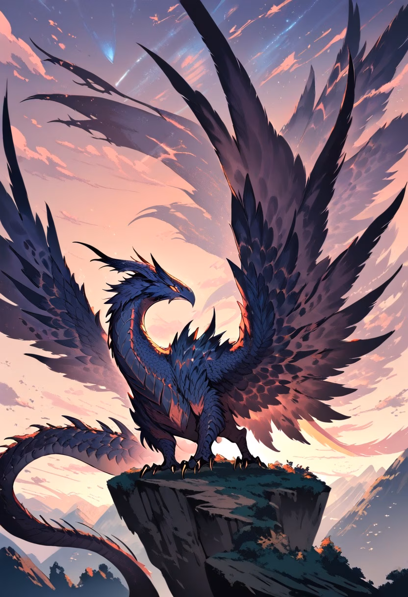 Dragon on Cliffside — view 5 — dragon perched on cliff, wings spread, sunset sky, mountain range, fantasy creature, detailed scales, masterpiece, high 