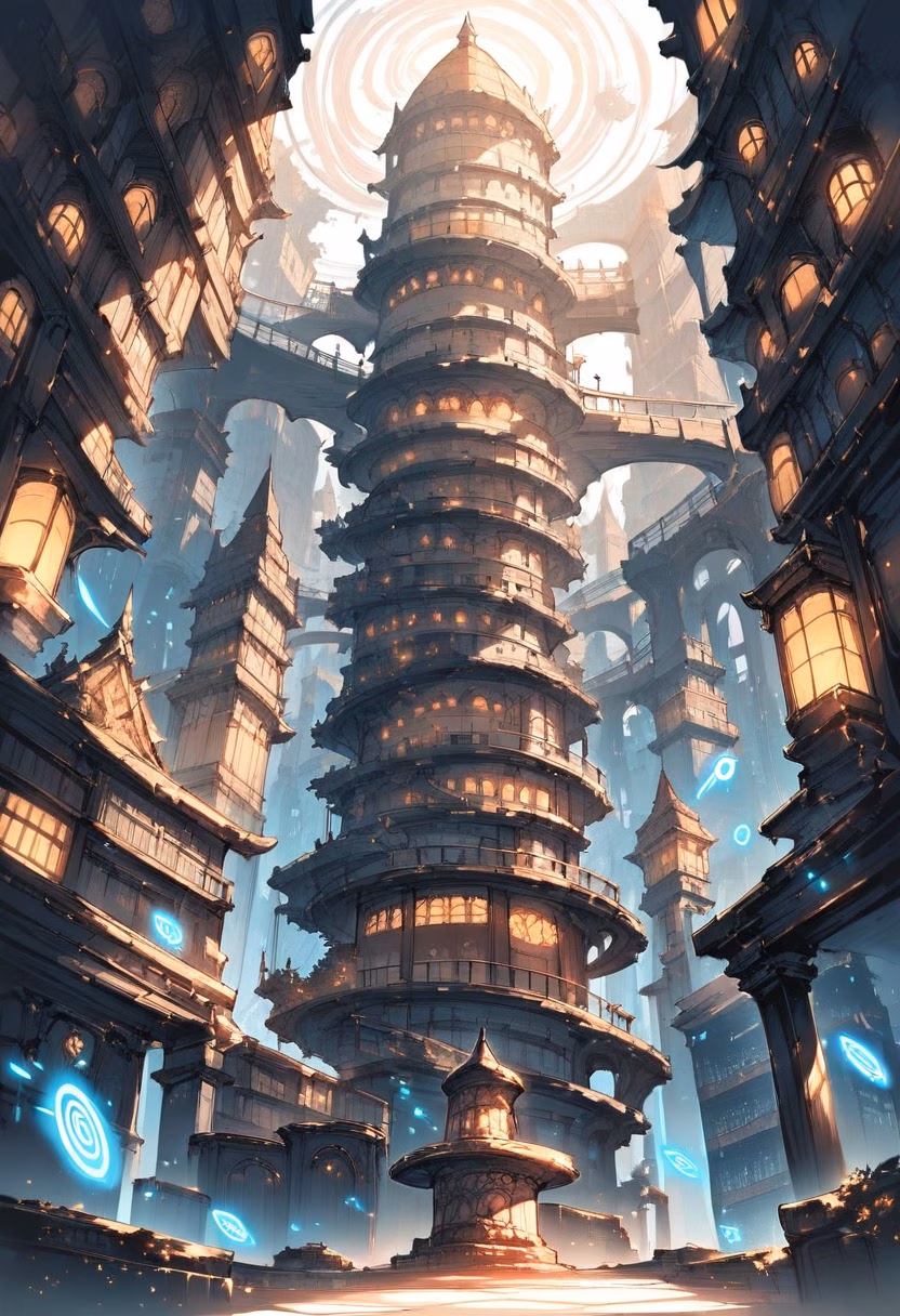 Magical Floating Library — view 1 — magical library, floating books, glowing runes, spiral tower interior, fantasy architecture, detailed bookshelves, maste
