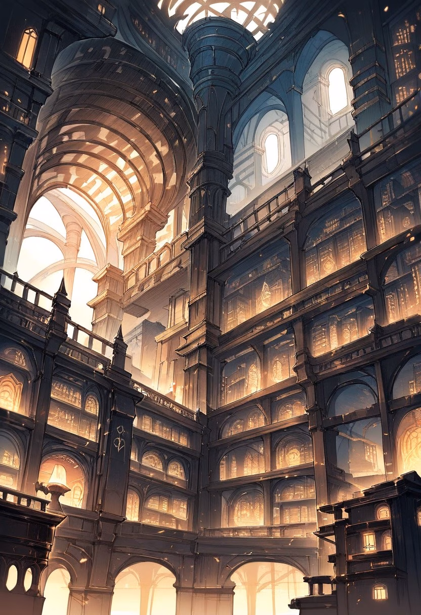 Magical Floating Library — view 2 — magical library, floating books, glowing runes, spiral tower interior, fantasy architecture, detailed bookshelves, maste