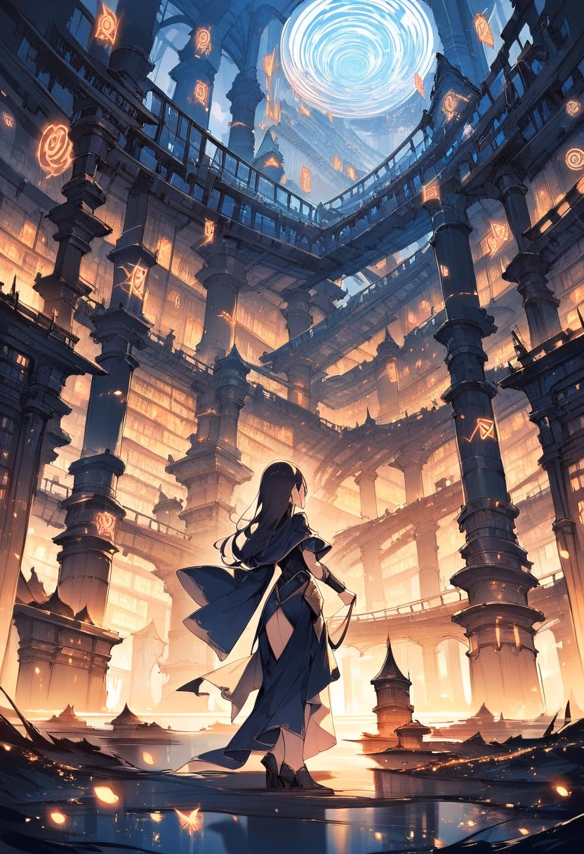 Magical Floating Library — view 3 — magical library, floating books, glowing runes, spiral tower interior, fantasy architecture, detailed bookshelves, maste