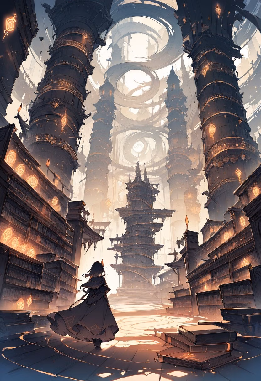 Magical Floating Library — view 4 — magical library, floating books, glowing runes, spiral tower interior, fantasy architecture, detailed bookshelves, maste