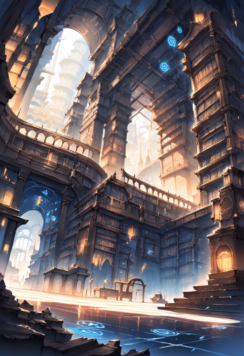 Magical Floating Library — view 5 — magical library, floating books, glowing runes, spiral tower interior, fantasy architecture, detailed bookshelves, maste