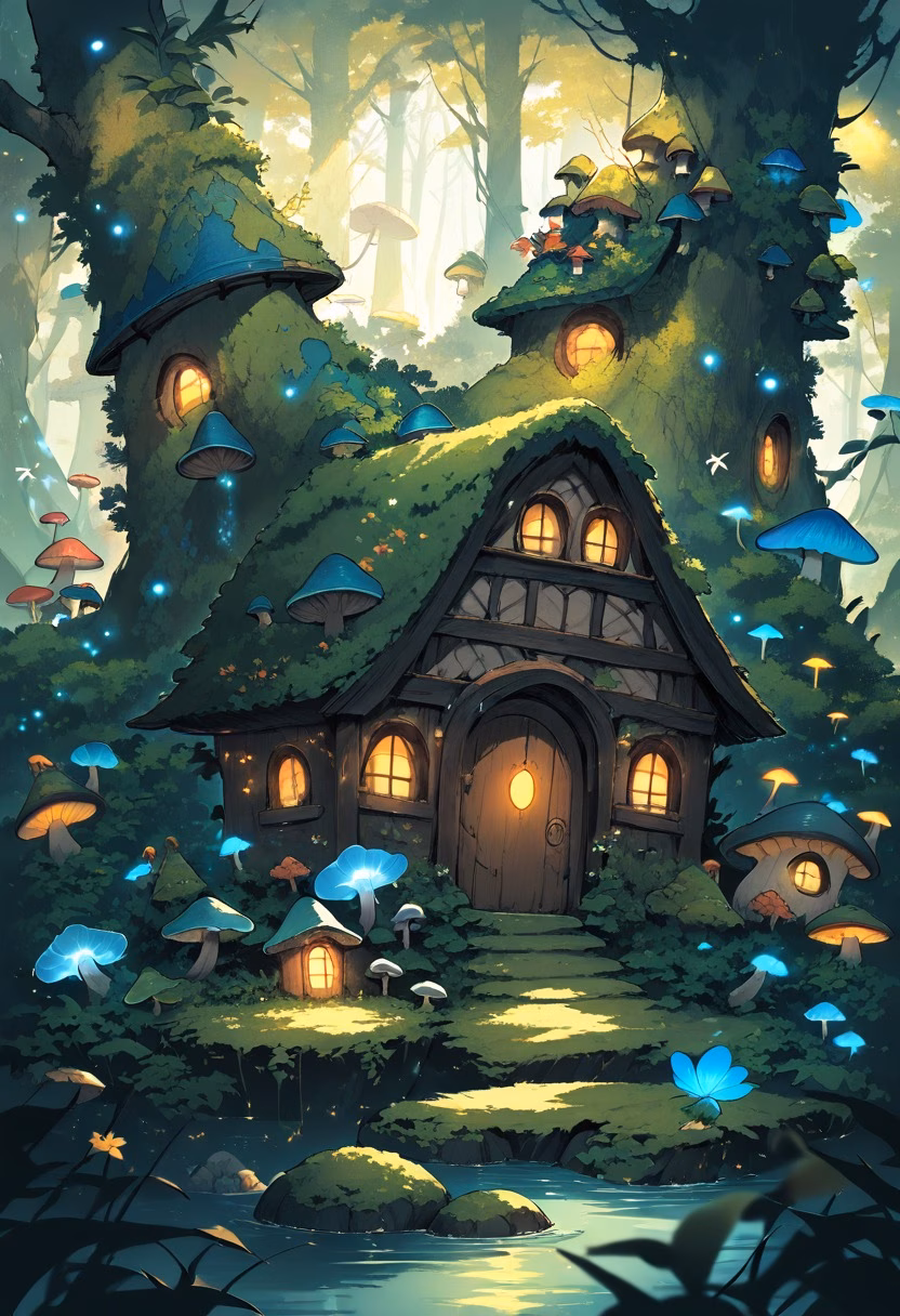 Whimsical Fairy Garden — view 1 — fairy garden, tiny glowing lights, mushroom houses, moss, miniature world, whimsical, detailed foliage, masterpiece, hig