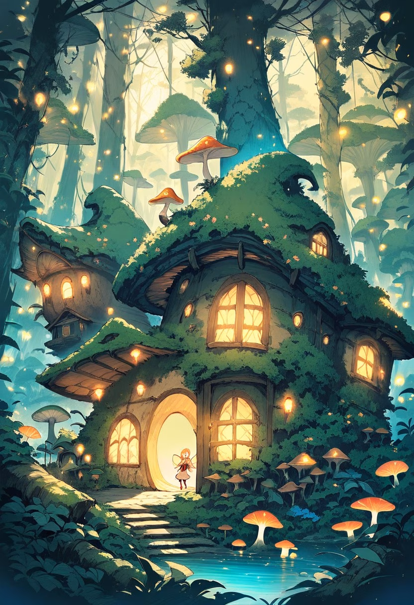 Whimsical Fairy Garden — view 2 — fairy garden, tiny glowing lights, mushroom houses, moss, miniature world, whimsical, detailed foliage, masterpiece, hig