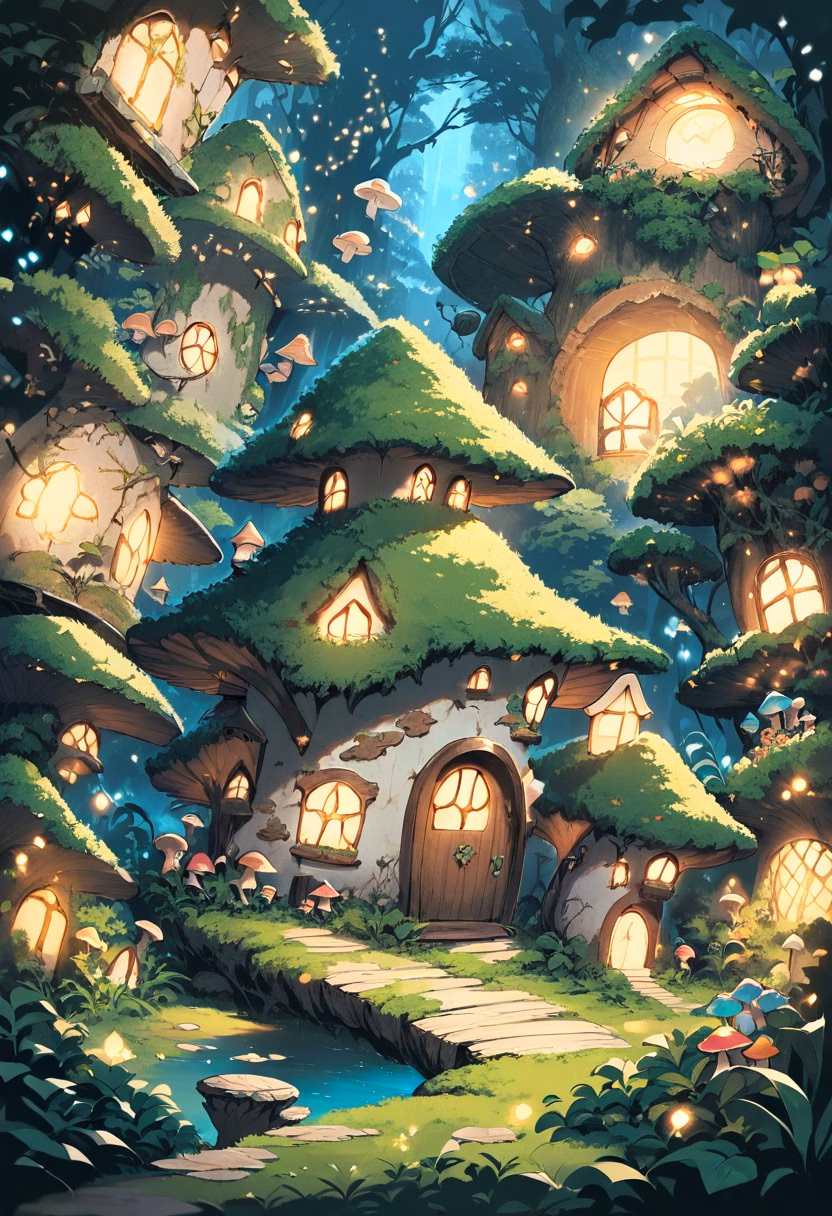 Whimsical Fairy Garden — view 3 — fairy garden, tiny glowing lights, mushroom houses, moss, miniature world, whimsical, detailed foliage, masterpiece, hig