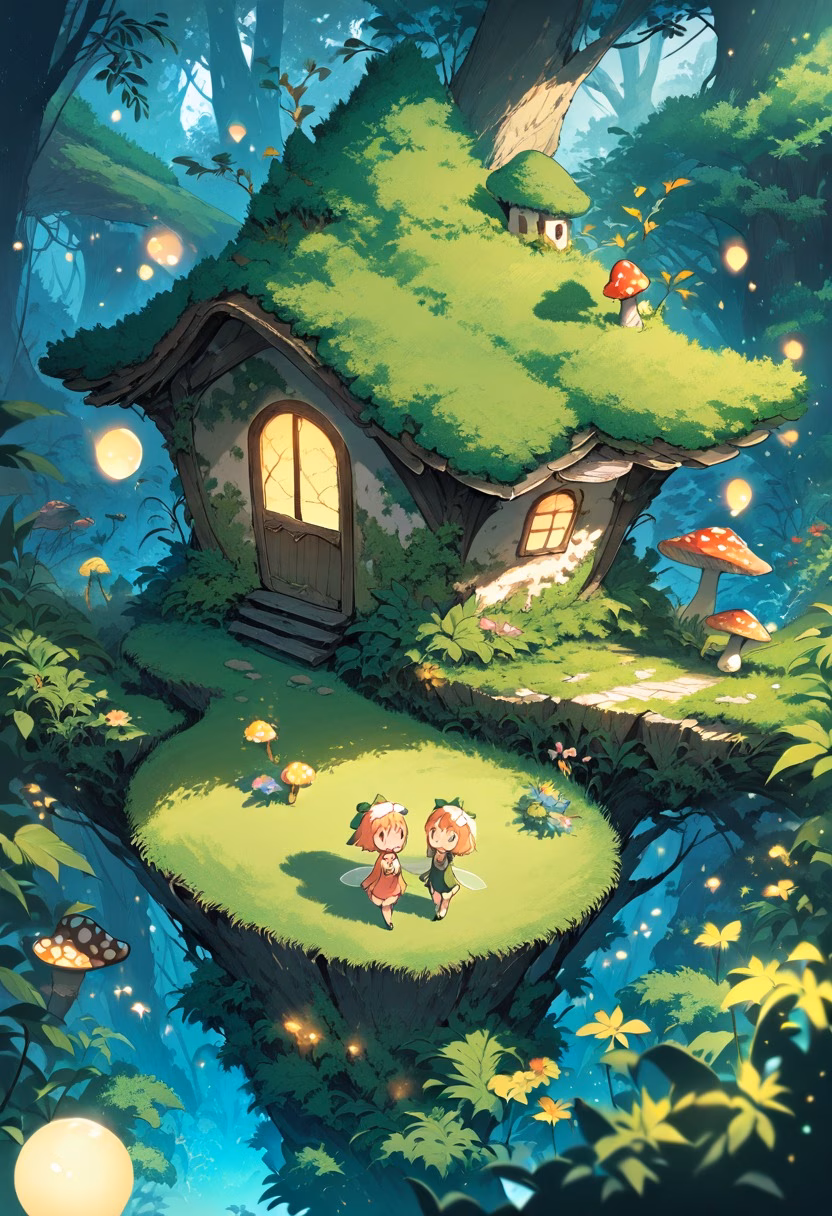 Whimsical Fairy Garden — view 4 — fairy garden, tiny glowing lights, mushroom houses, moss, miniature world, whimsical, detailed foliage, masterpiece, hig