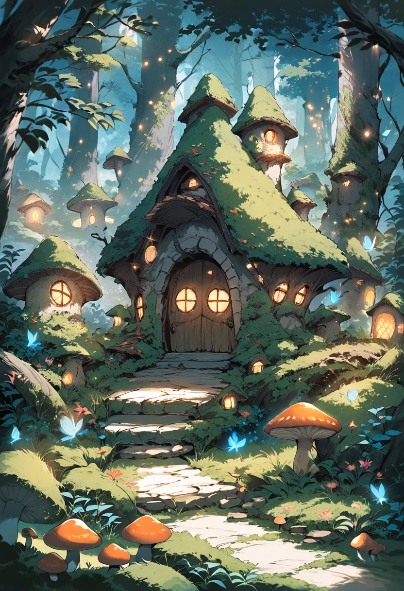 Whimsical Fairy Garden — view 5 — fairy garden, tiny glowing lights, mushroom houses, moss, miniature world, whimsical, detailed foliage, masterpiece, hig