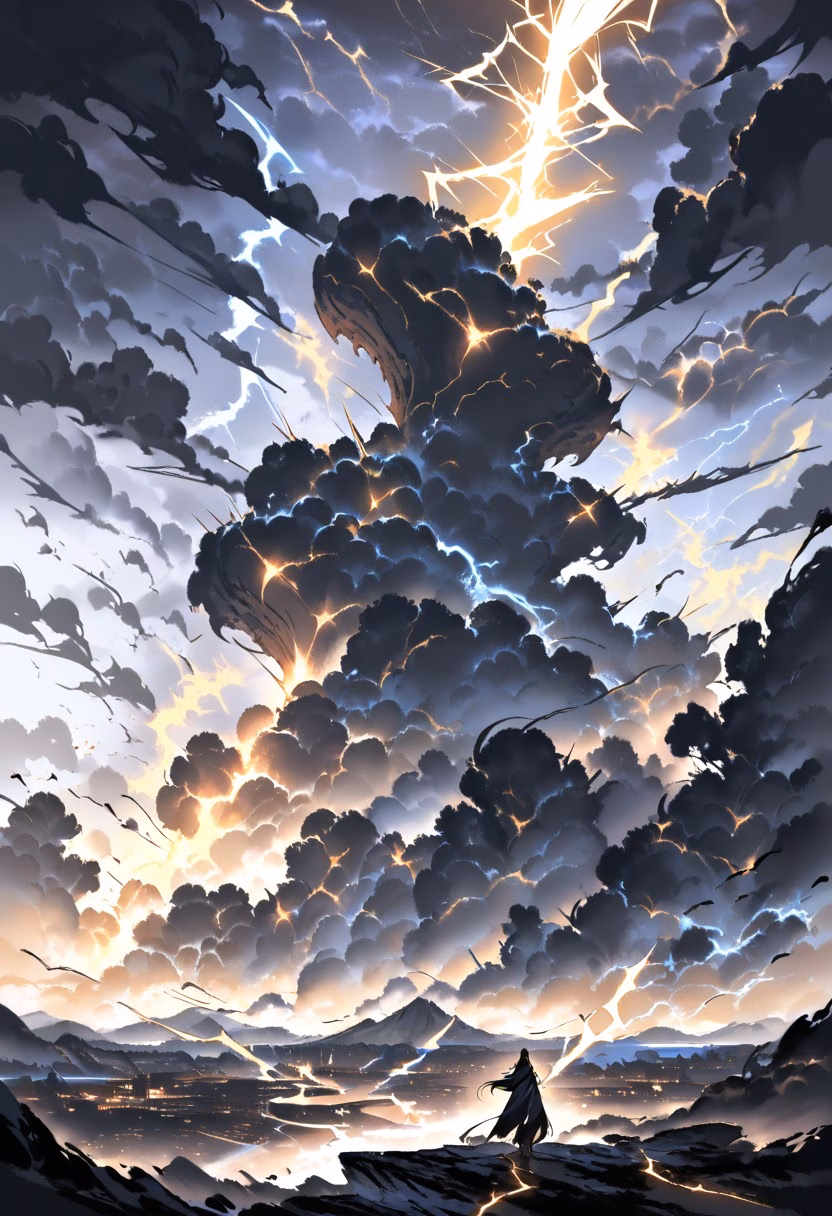Lightning Over the Plains — view 1 — thunderstorm over plains, lightning strike, dark clouds, dramatic sky, wide horizon, detailed lightning bolt, masterpiec