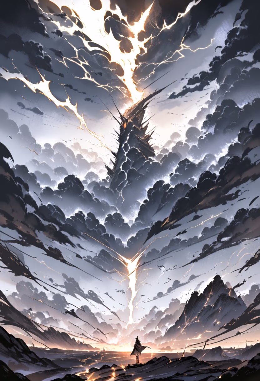 Lightning Over the Plains — view 2 — thunderstorm over plains, lightning strike, dark clouds, dramatic sky, wide horizon, detailed lightning bolt, masterpiec