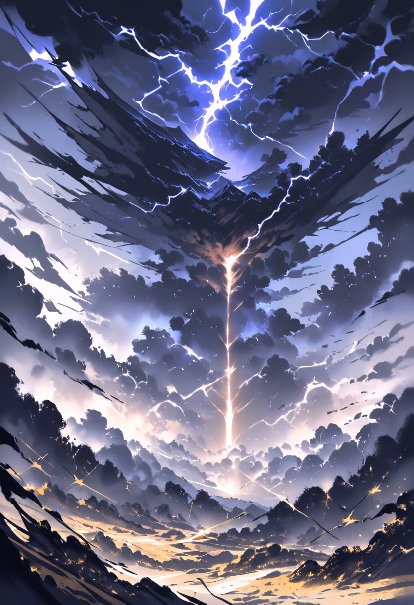 Lightning Over the Plains — view 3 — thunderstorm over plains, lightning strike, dark clouds, dramatic sky, wide horizon, detailed lightning bolt, masterpiec