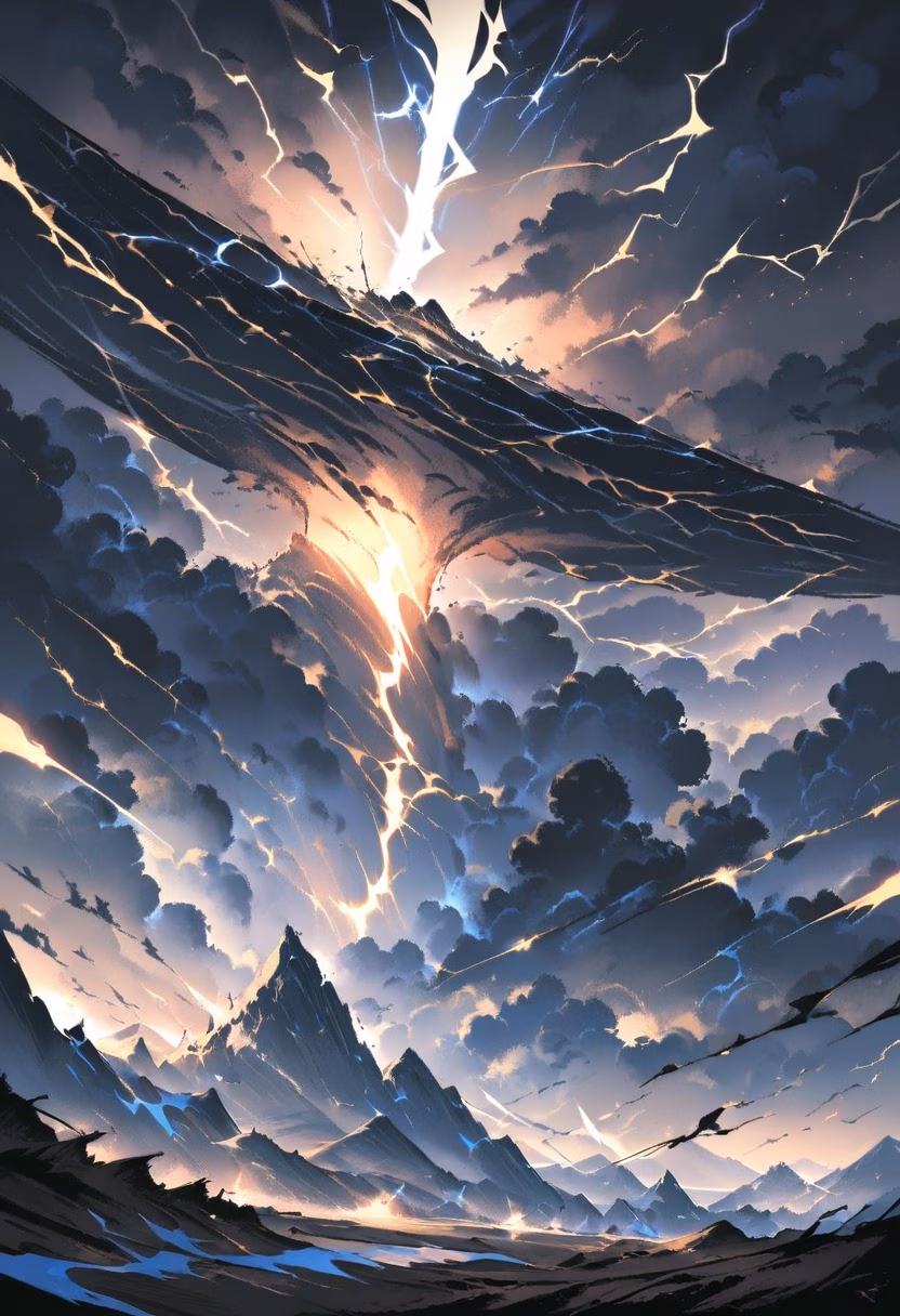 Lightning Over the Plains — view 4 — thunderstorm over plains, lightning strike, dark clouds, dramatic sky, wide horizon, detailed lightning bolt, masterpiec