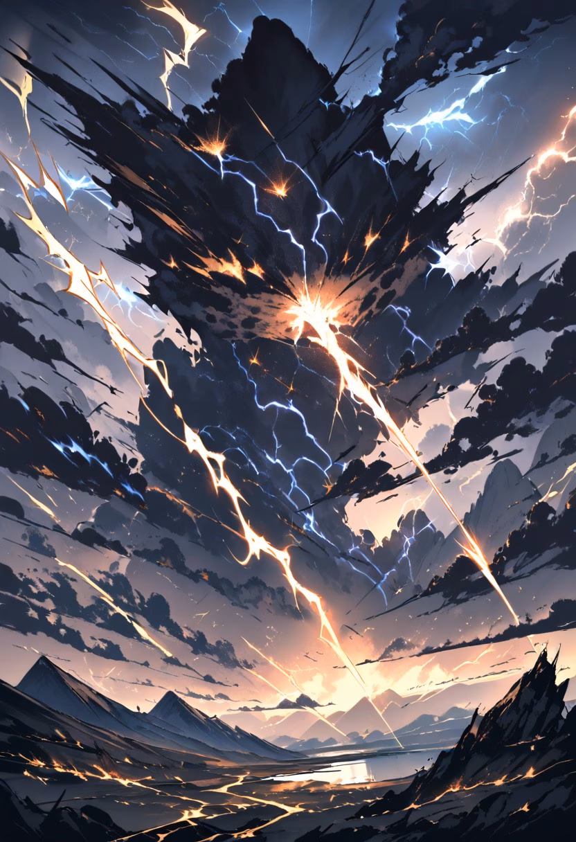 Lightning Over the Plains — view 5 — thunderstorm over plains, lightning strike, dark clouds, dramatic sky, wide horizon, detailed lightning bolt, masterpiec