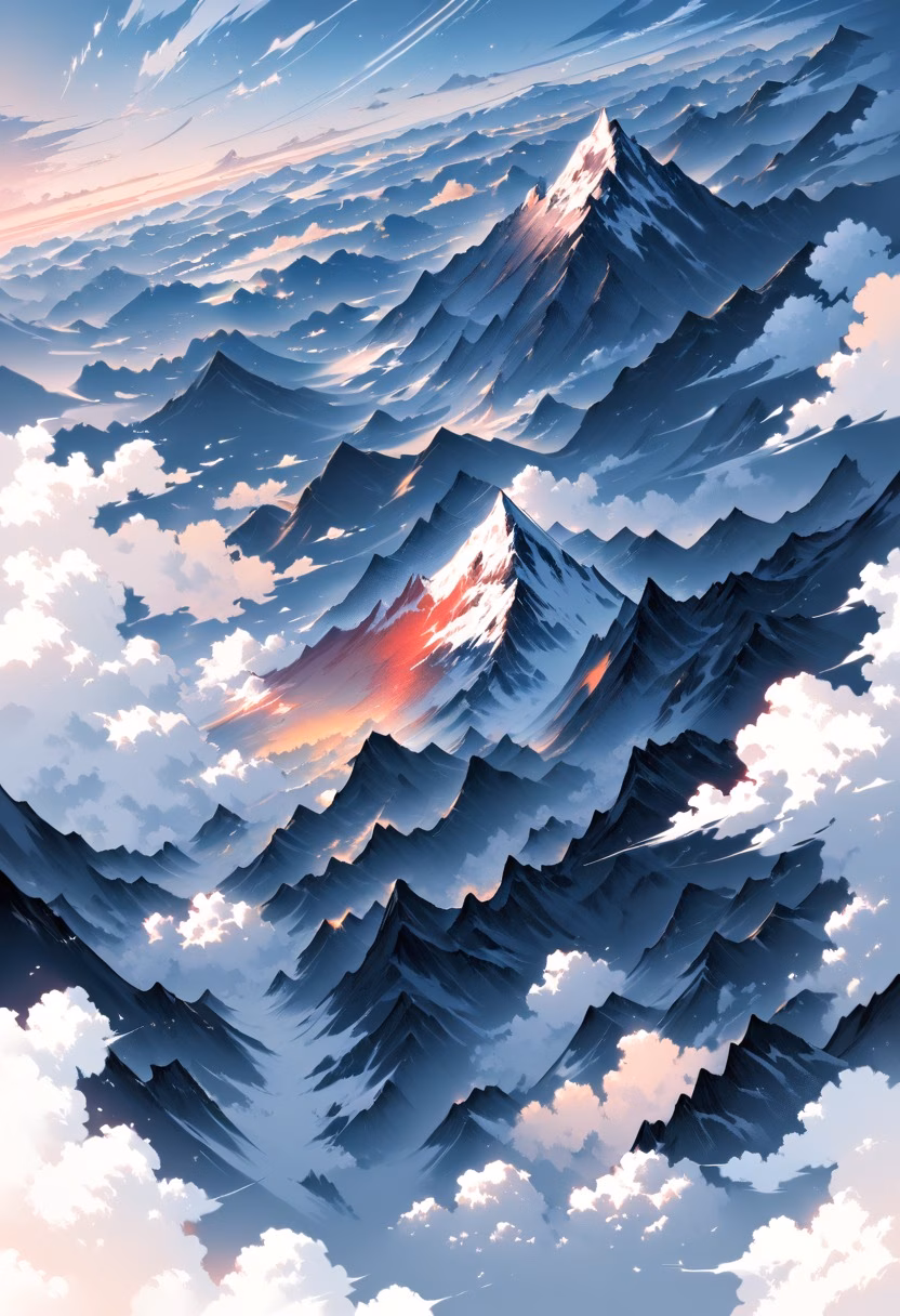 Cloud Inversion Sunrise — view 1 — cloud inversion, mountain peak above clouds, sunrise colors, serene, aerial view, detailed cloud texture, masterpiece, h