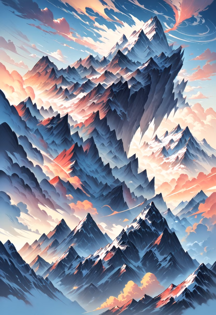 Cloud Inversion Sunrise — view 2 — cloud inversion, mountain peak above clouds, sunrise colors, serene, aerial view, detailed cloud texture, masterpiece, h