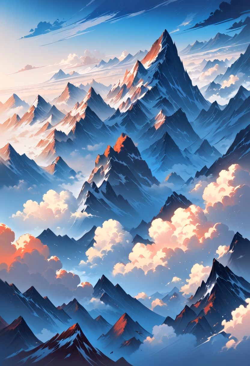 Cloud Inversion Sunrise — view 3 — cloud inversion, mountain peak above clouds, sunrise colors, serene, aerial view, detailed cloud texture, masterpiece, h
