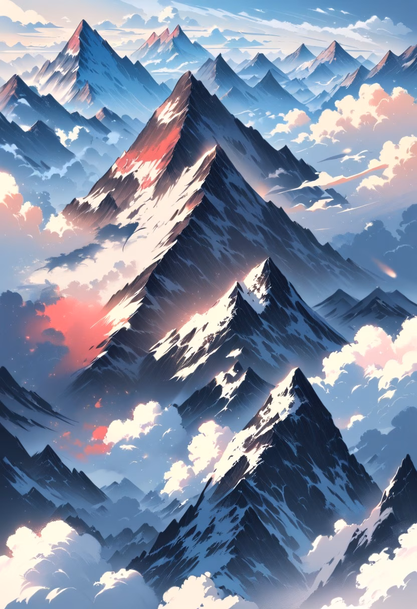 Cloud Inversion Sunrise — view 4 — cloud inversion, mountain peak above clouds, sunrise colors, serene, aerial view, detailed cloud texture, masterpiece, h